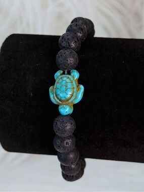 Black Lava Bead Stretch Bracelet with Blue Turtle Accent